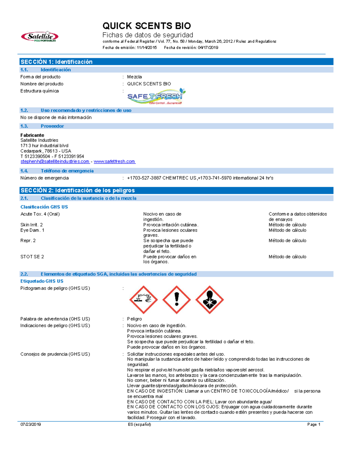 MSDS Quick Scent BIO - Ficha de Datos de Seguridad (2019) - Document Preview