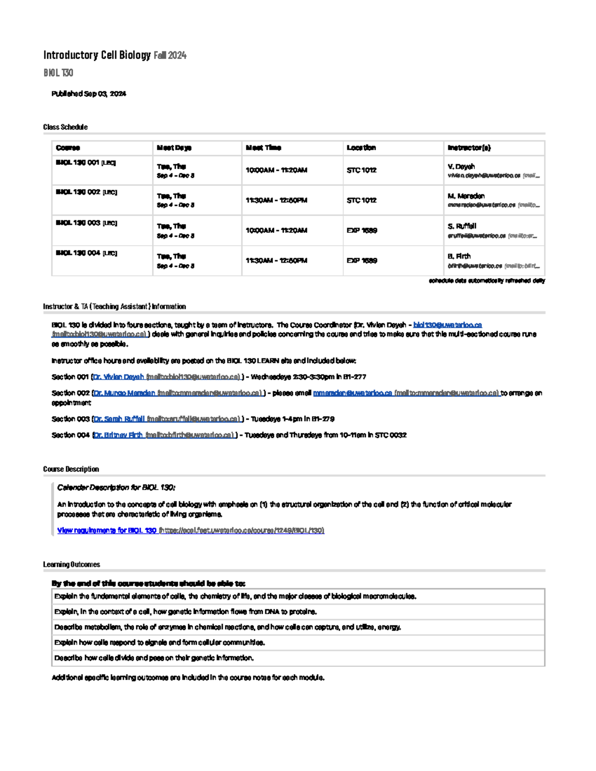 BIOL 130 - Introductory Cell Biology Course Outline for Fall 2024 - Studocu