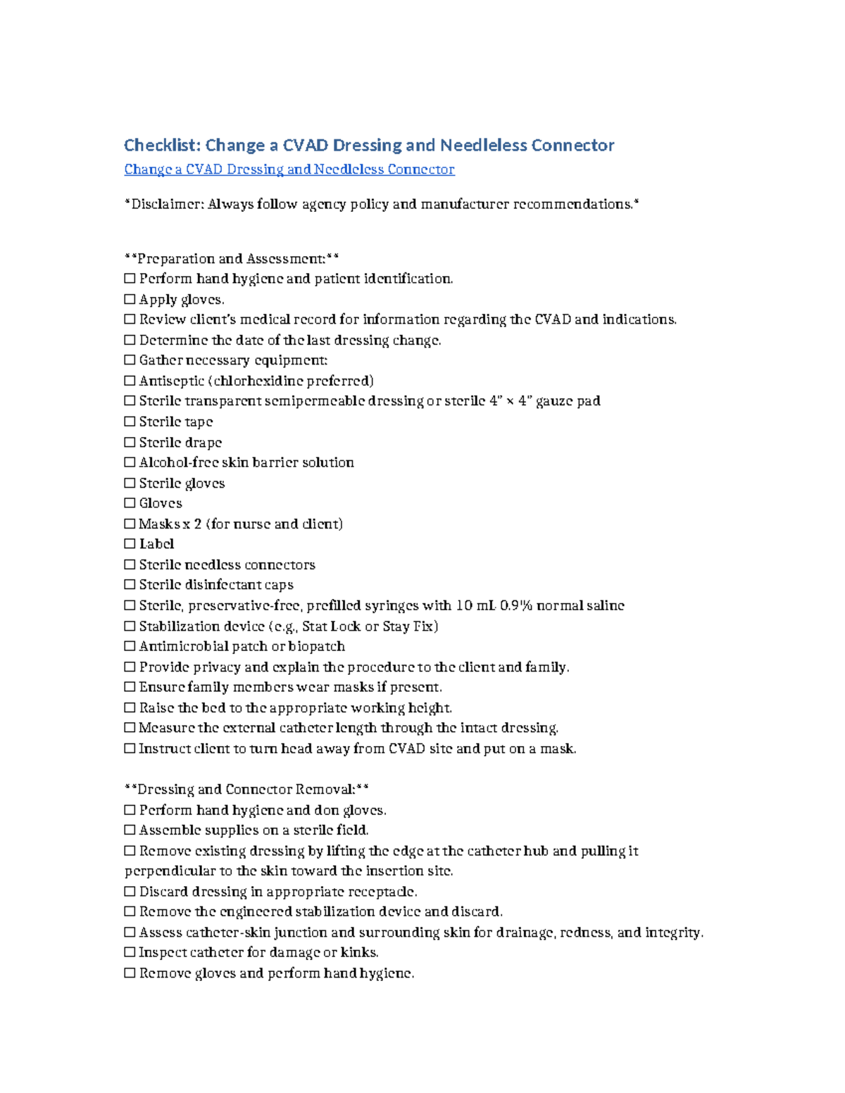 CVAD Dressing Change Checklist: Procedure & Equipment Guide - Studocu