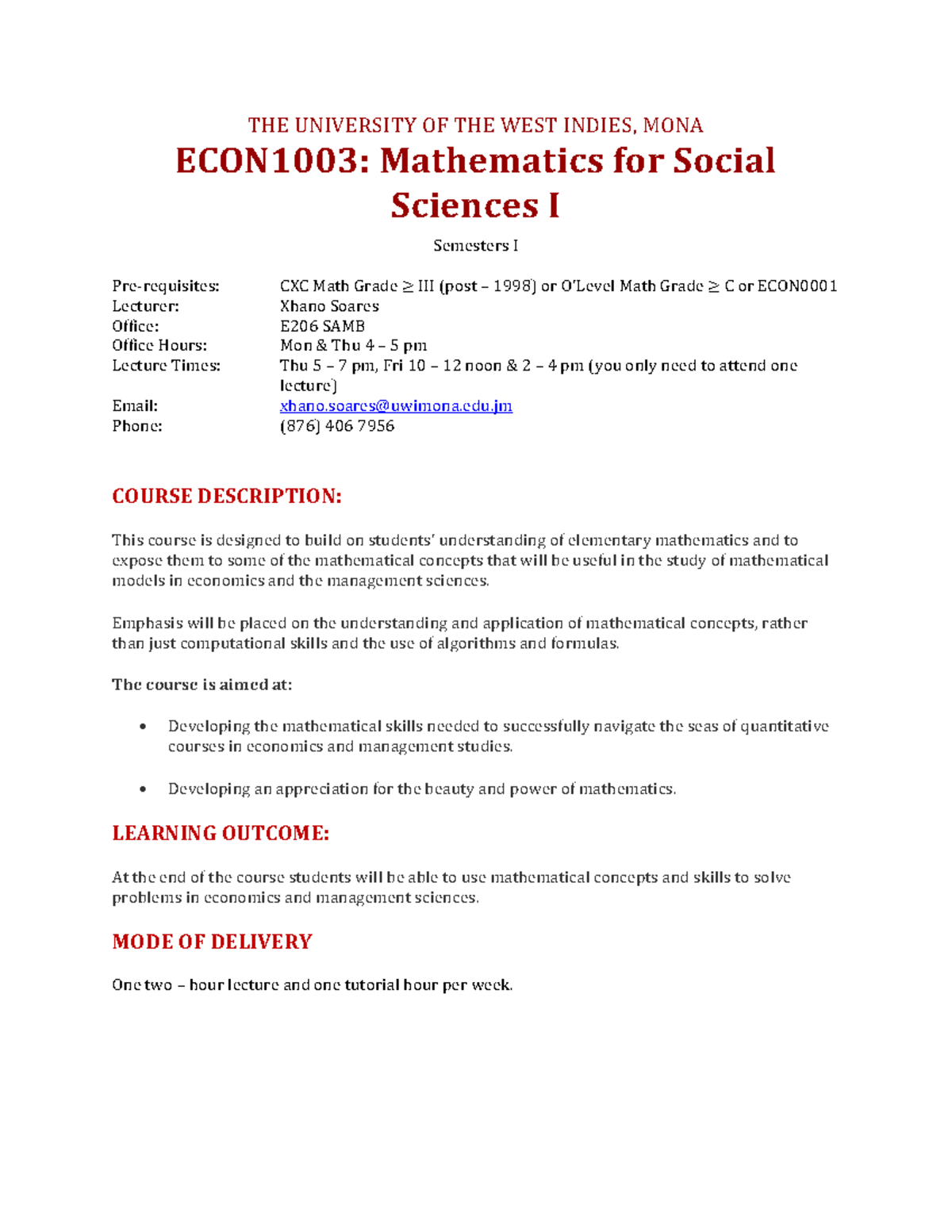ECON1003: Course Outline for Mathematics for Social Sciences I (2022 ...