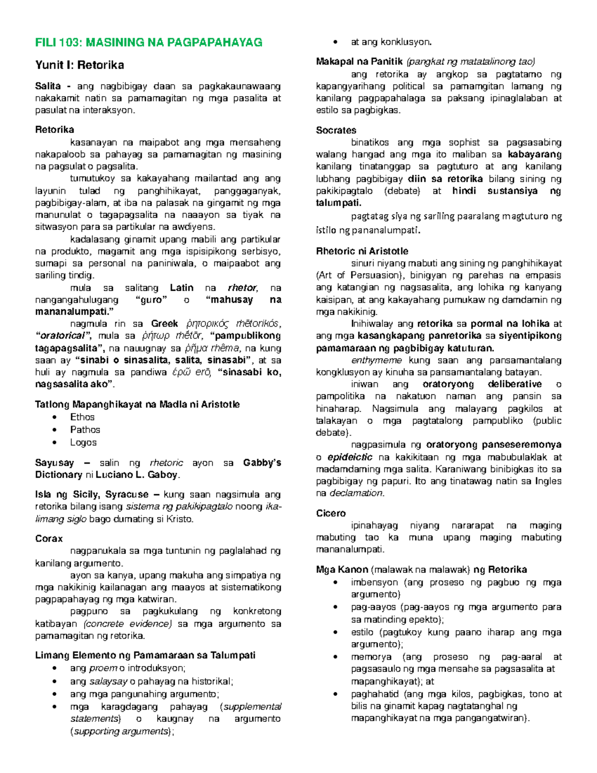 FILI-103: Retorika at Gramatika sa Masining na Pagpapahayag Reviewer - Document Preview