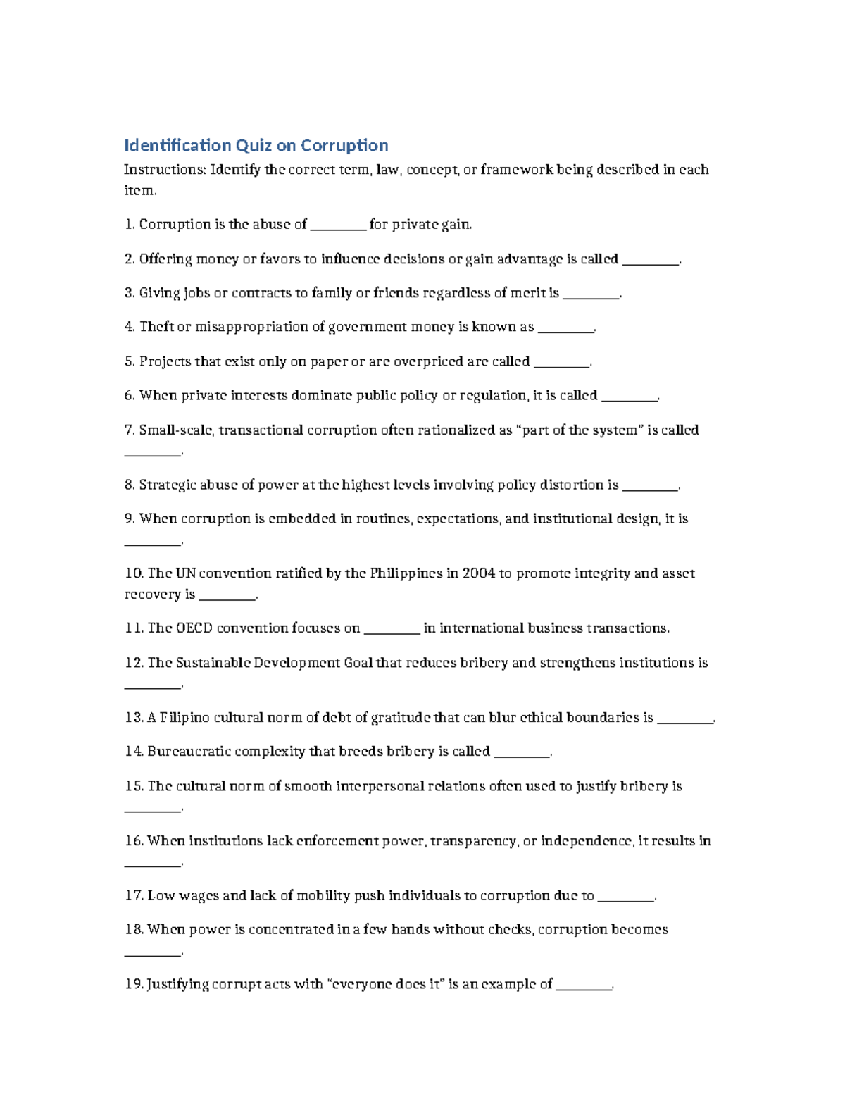 Identification Quiz on Corruption (Course Code: IC-101) - Studocu