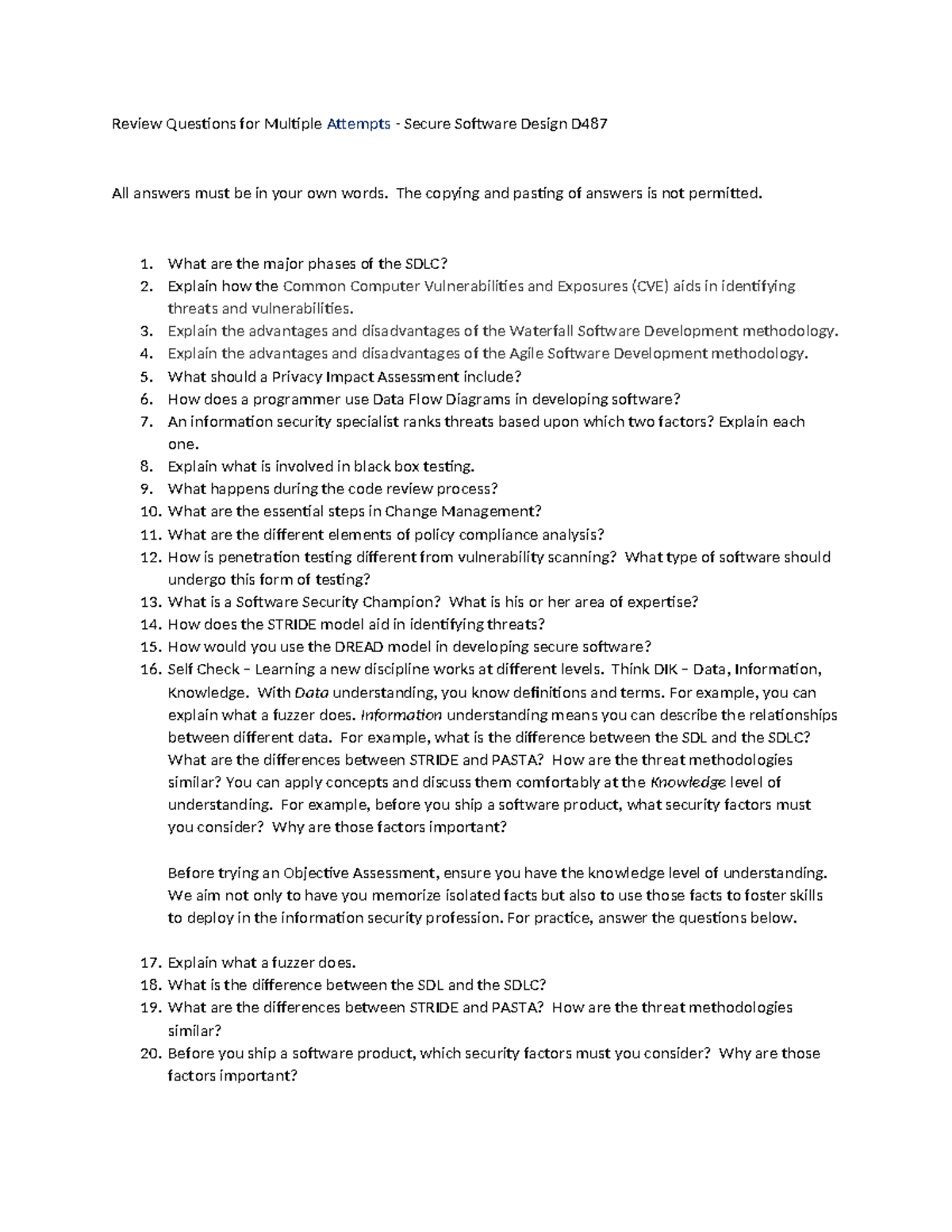D487 Review Questions for Secure Software Design Exam - Studocu