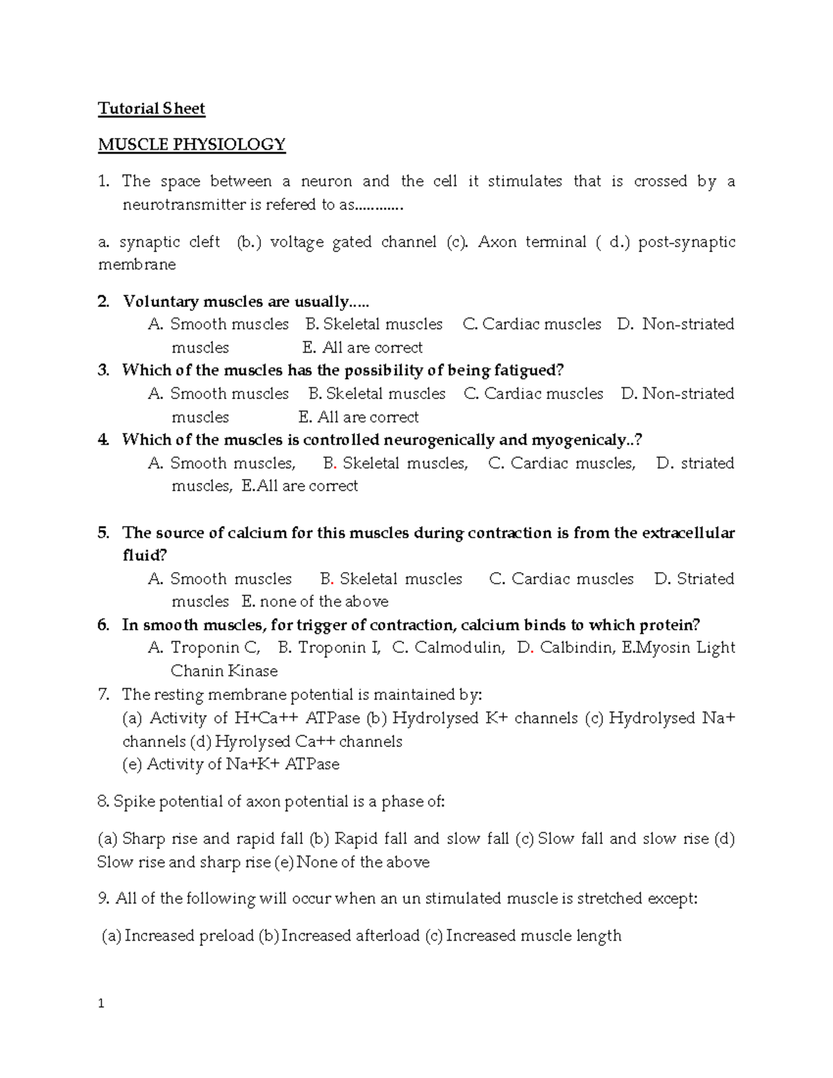 Muscle Physiology MCQs - Comprehensive Tutorial Sheet - Studocu