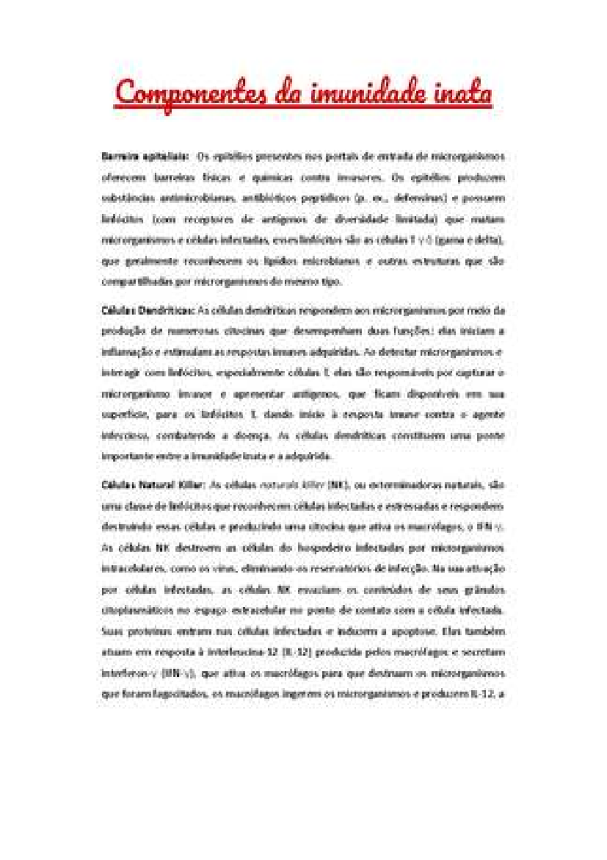 Componentes da Imunidade Inata: Barreiras e Células de Defesa - Studocu