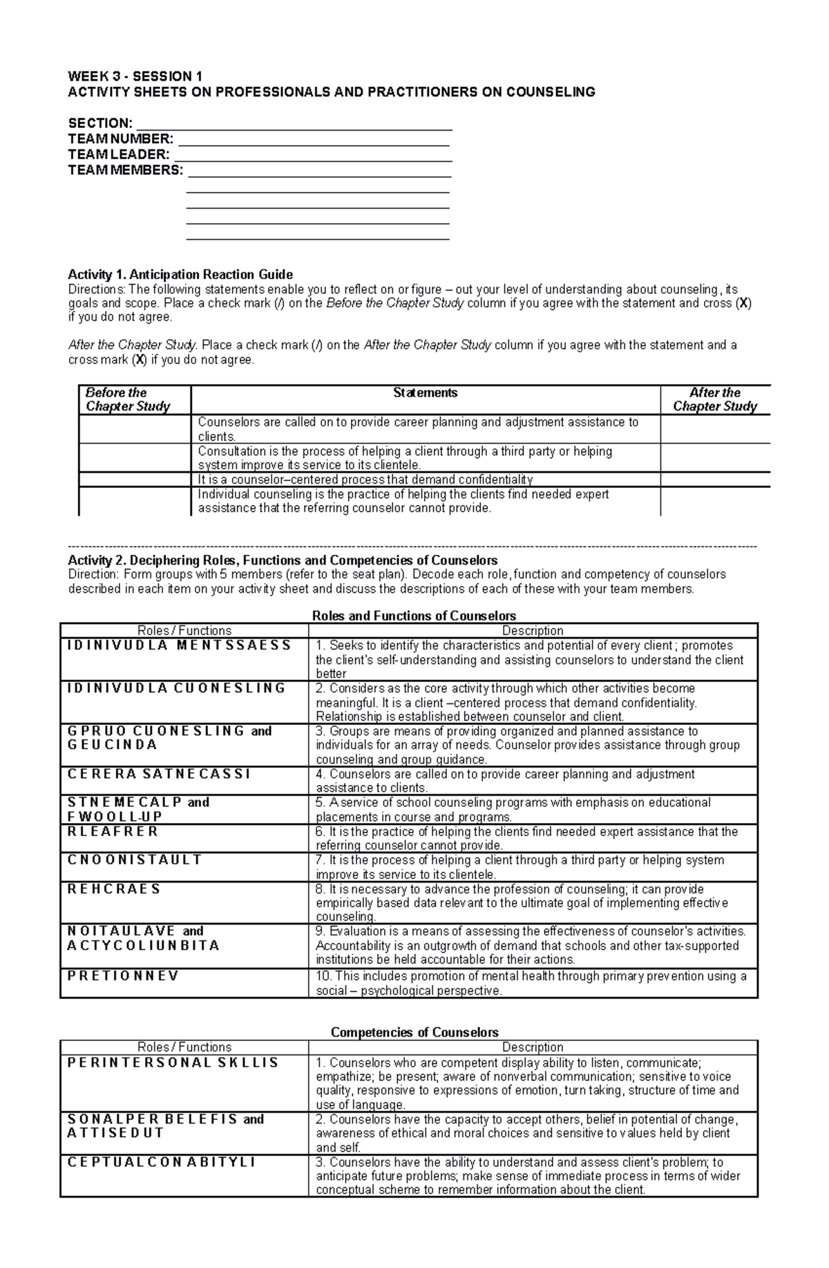 Activity Sheets for Counseling Professionals - Week 3 - Studocu