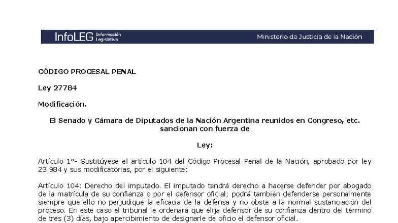 Modificación del Código Procesal Penal Ley 27784 - Artículos Clave ...