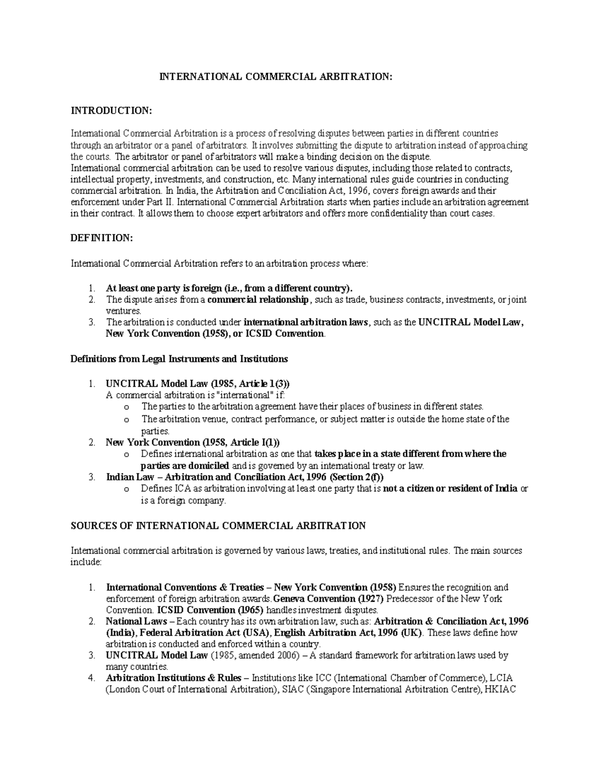 ICA - NOTHING - INTERNATIONAL COMMERCIAL ARBITRATION: INTRODUCTION ...