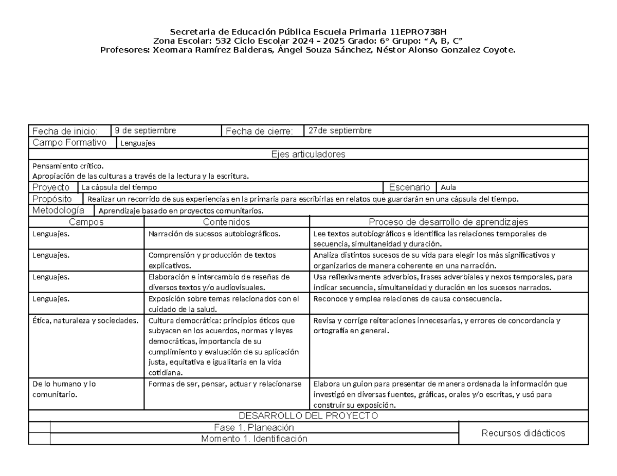 Planeación Proyecto "La Cápsula del Tiempo" - 6to Grado 2024-2025 - Document Preview