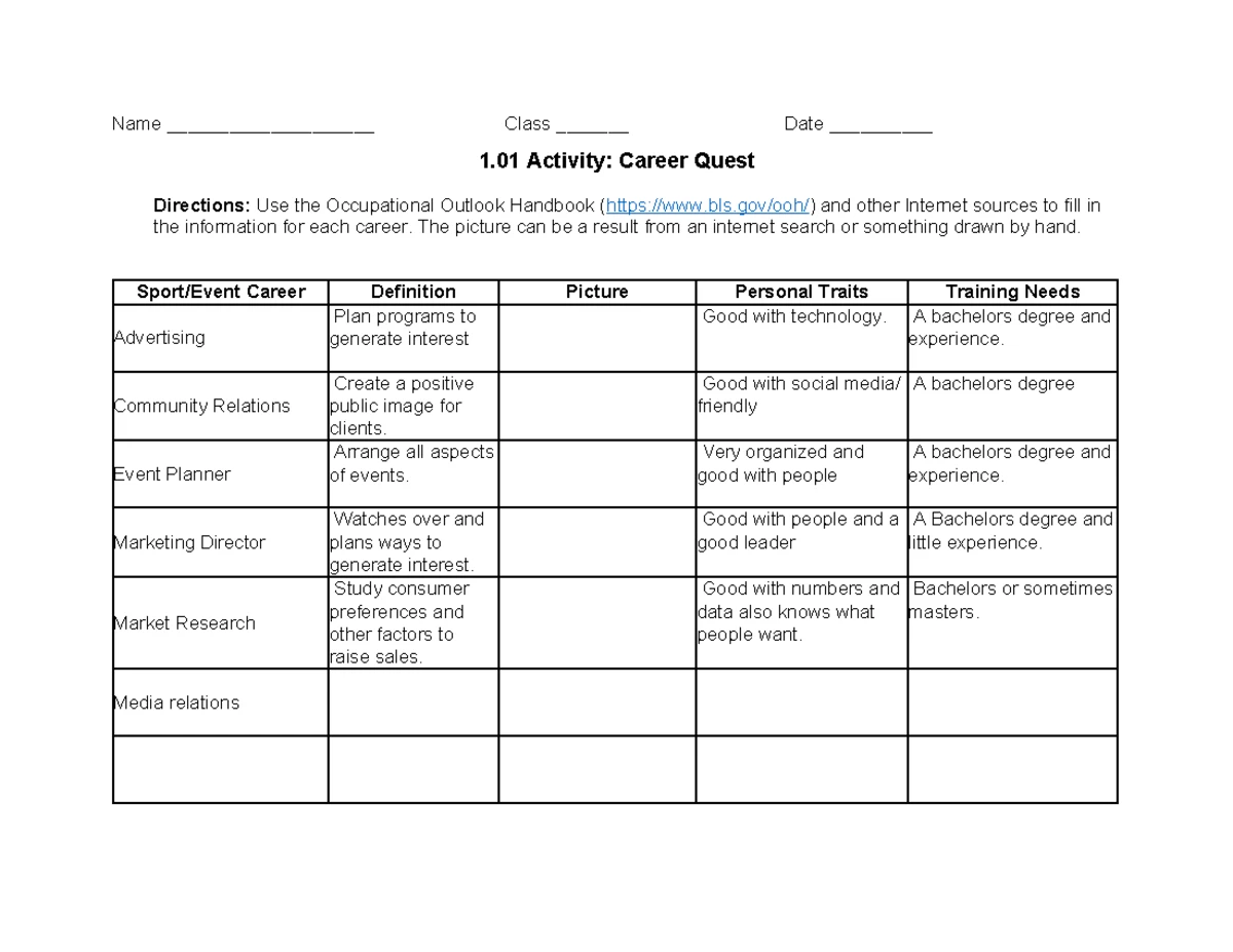 1.01 Career Quest Assignment: Exploring Sports/Event Careers - Studocu