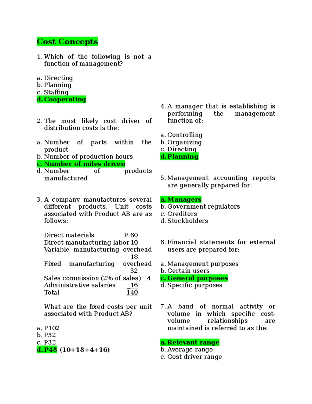 Cost Accounting Practice Set - Statement of Costs and Income - Studocu