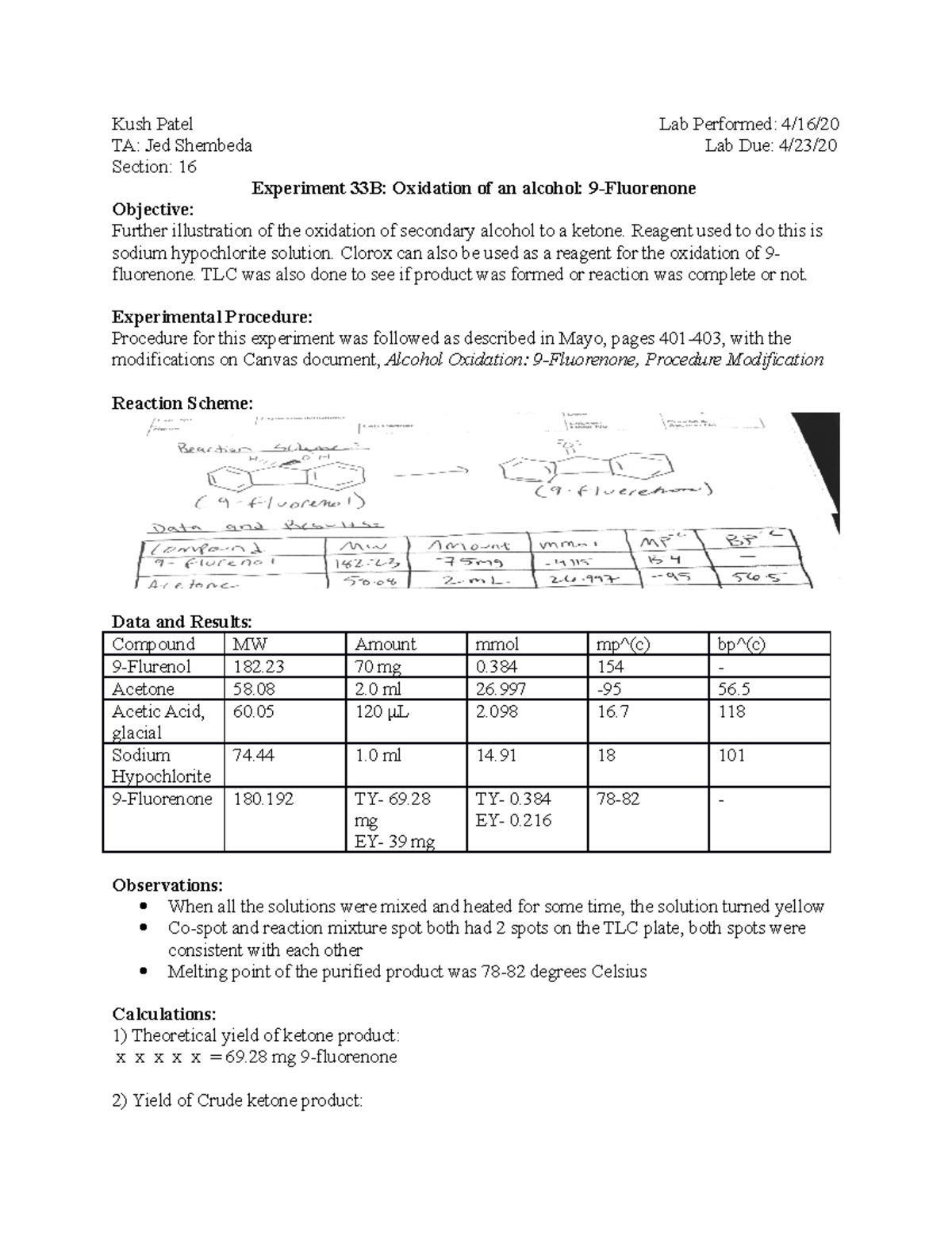 Orgo 2 Lab 12 - Experiment 33B: Oxidation of 9-Fluorenone - Studocu