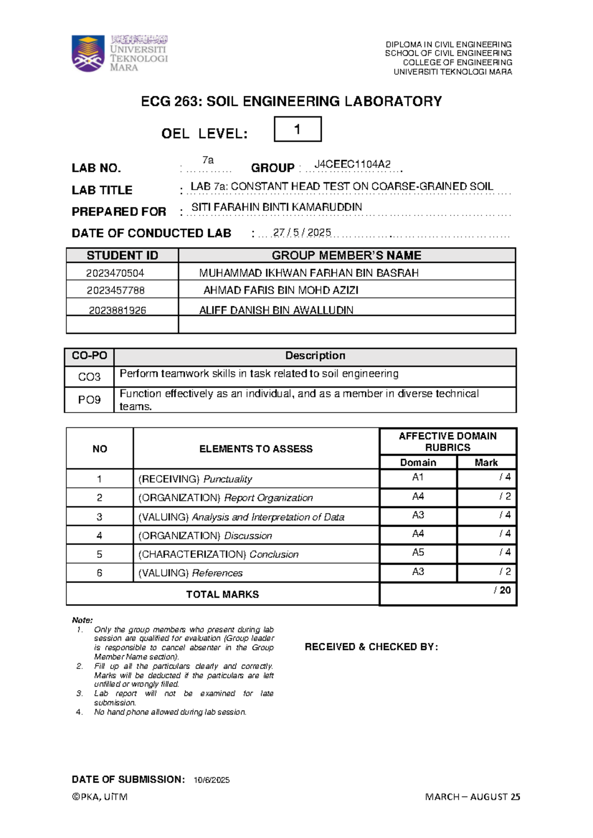 ECG 263: Soil Engineering Lab Report on Constant Head Test - Studocu