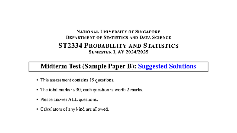 ST2334 Probability and Statistics Midterm Test Sample B Solutions - Studocu