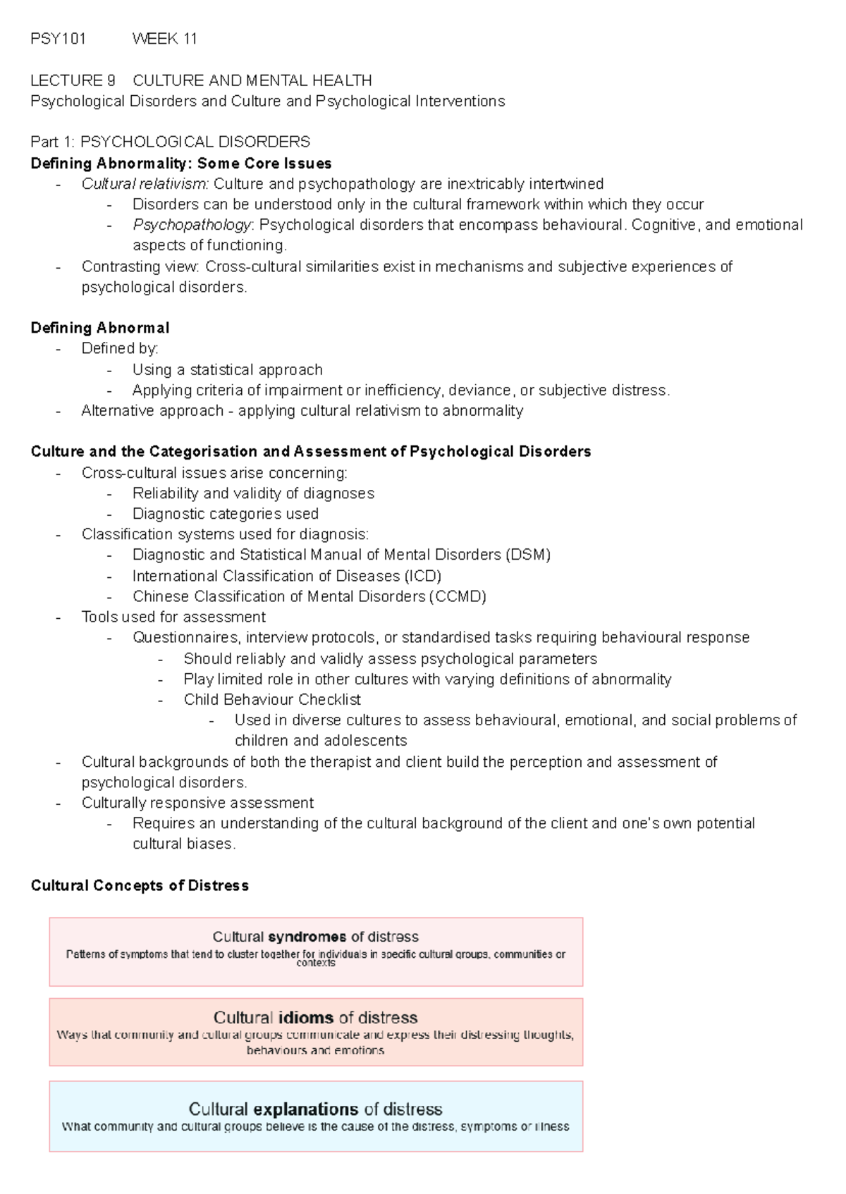 PSY101 WEEK 11 LECTURE: Culture, Mental Health, and Psychological ...
