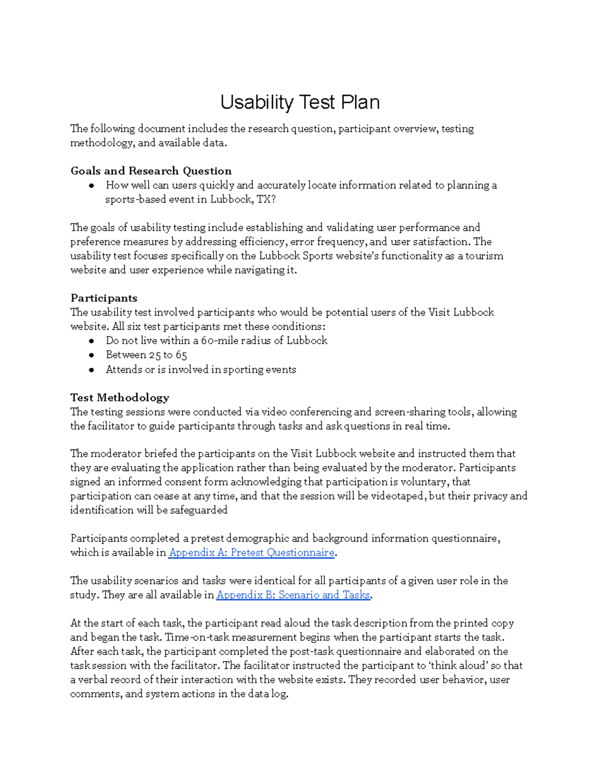P2- LSports Usability Testing Plan for Visit Lubbock Website - Studocu