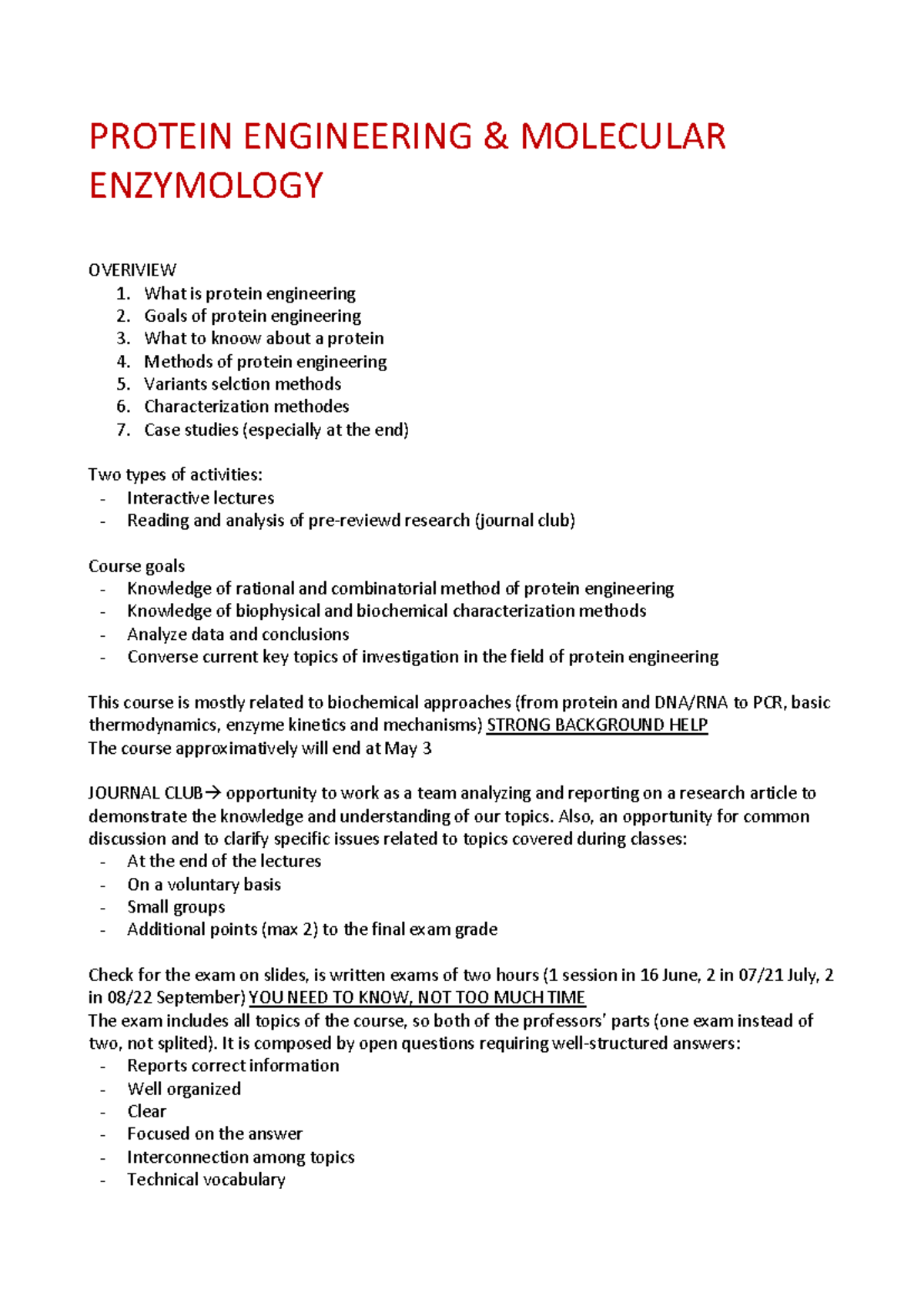 PEME Protein Engineering & Molecular Enzymology Overview Notes - Studocu