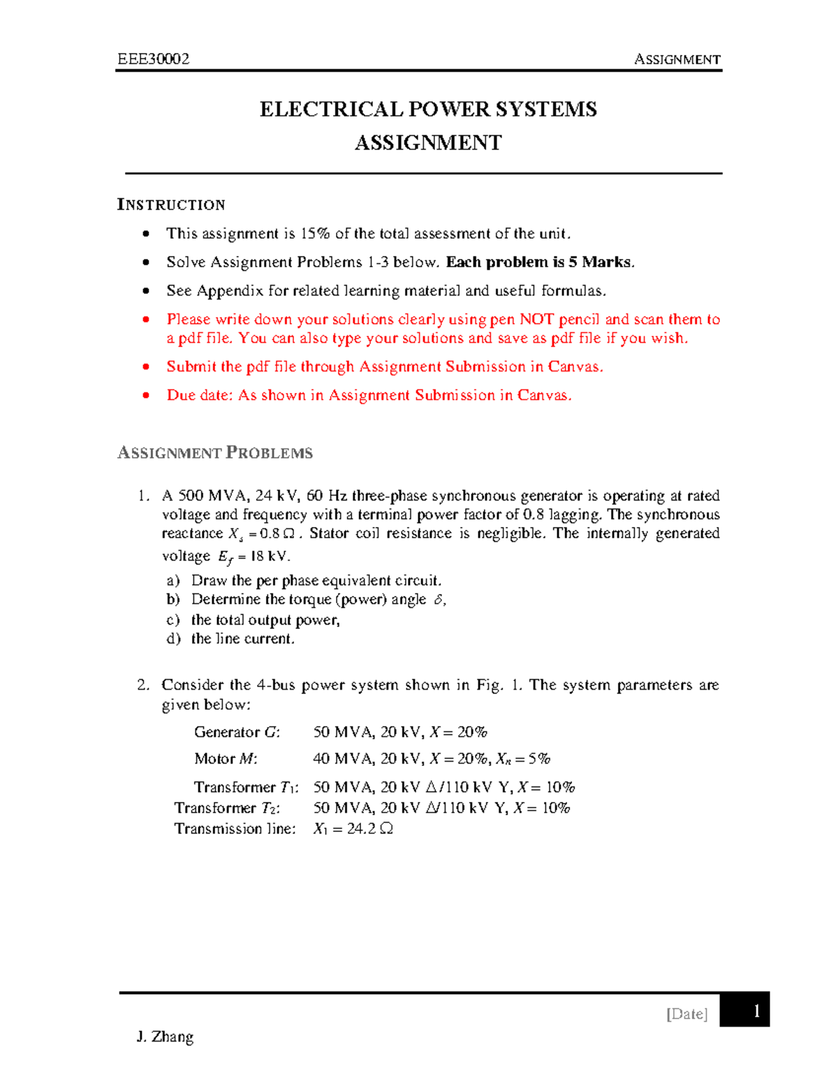 Assignmet EEE30002 - assignment - [Date] 1 ELECTRICAL POWER SYSTEMS ...