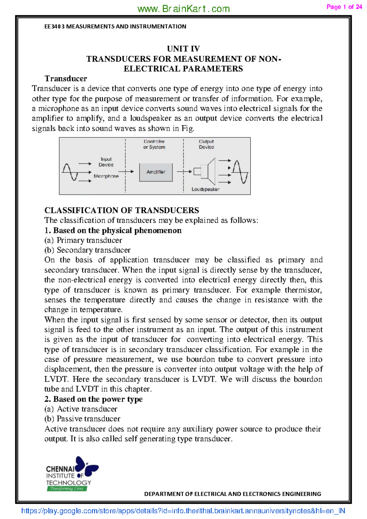 EE3403 Measurements & Instrumentation: Unit IV Transducers Overview ...