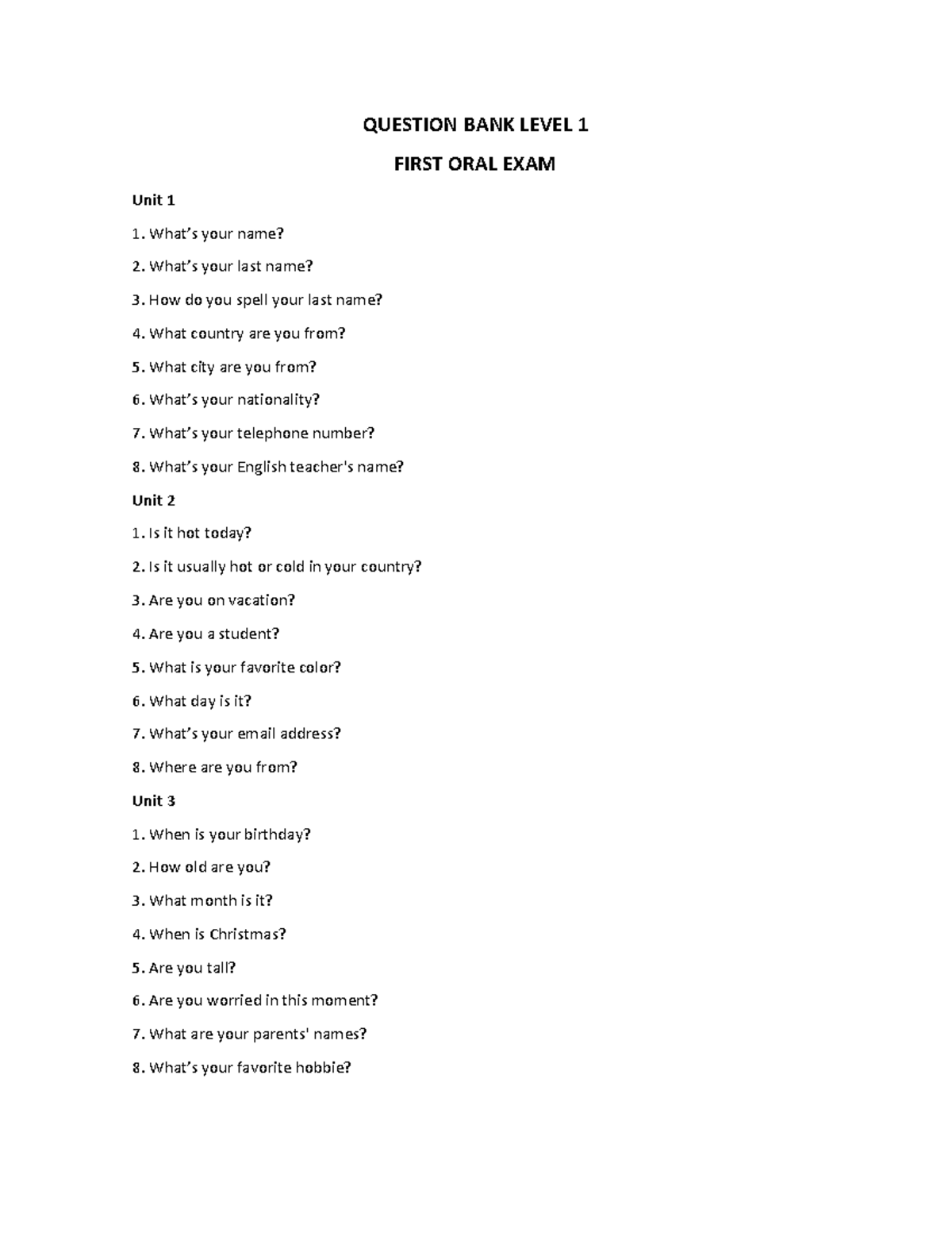 Level 1 Question Bank for First Oral Exam - ENG 101 - Studocu