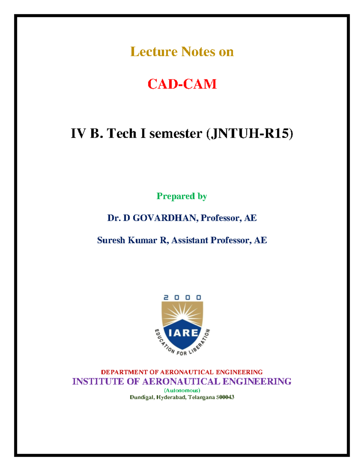 CAD CAM IV B. Tech I Semester Lecture Notes: Comprehensive Overview ...