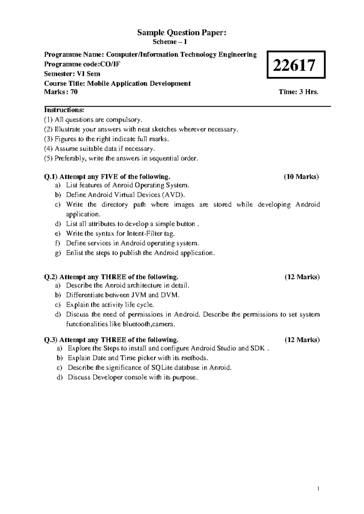 Mobile Application Development Sample Question Paper CO/IF - 22617 ...