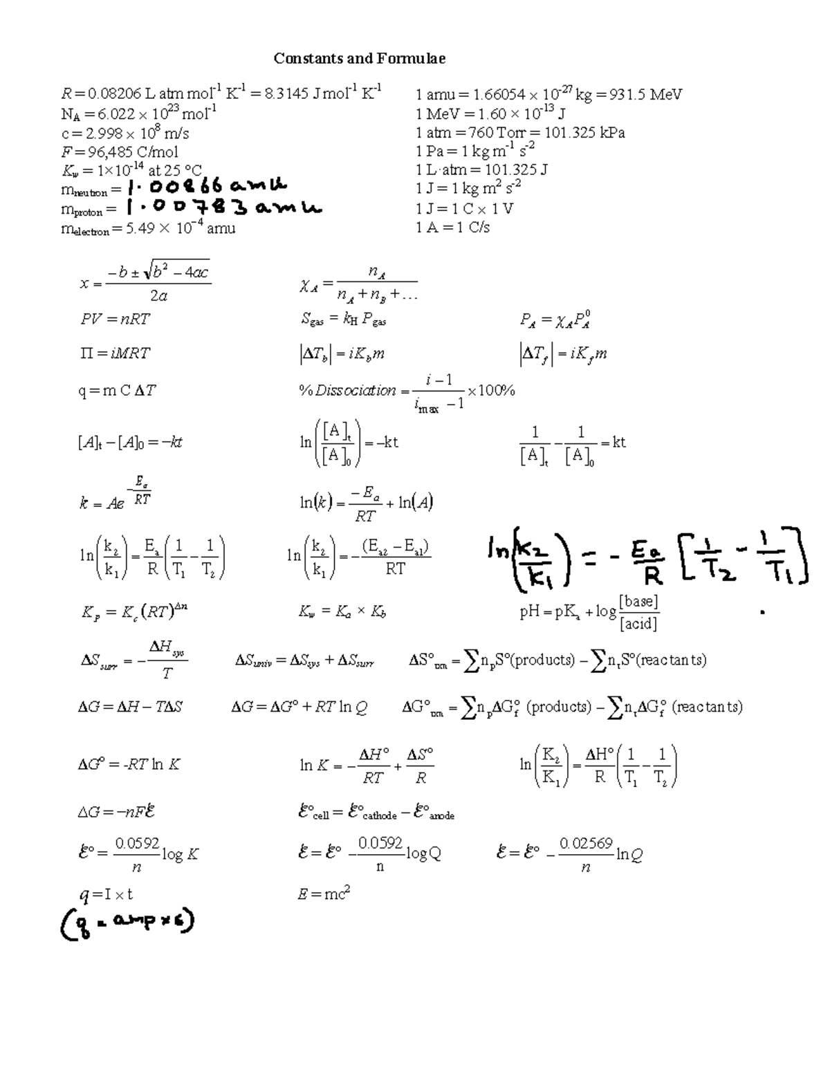 Chem162 Formula Sheet: Key Constants & Equations for Reference - Studocu