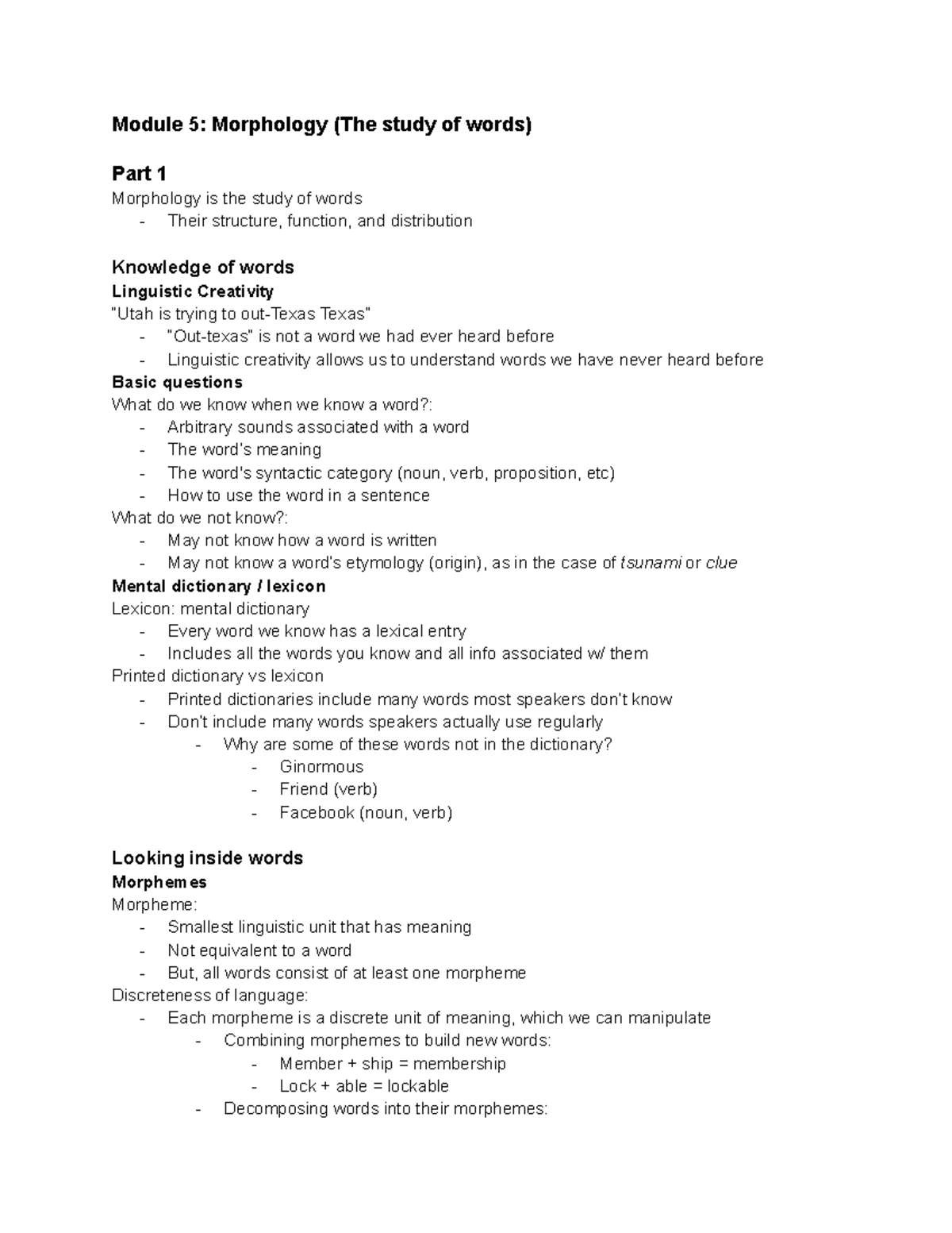 LING 1 Final Exam Module 5: Morphology and Word Structure Notes - Studocu