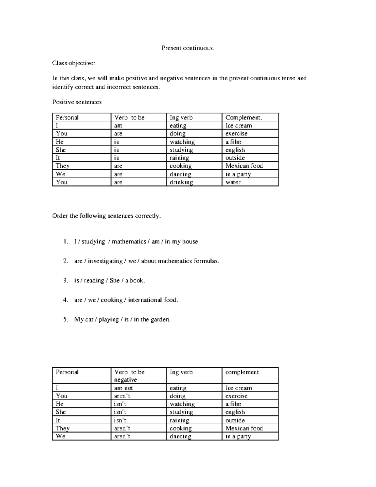 Positive and Negative Sentences in Present Continuous Tense - Studocu