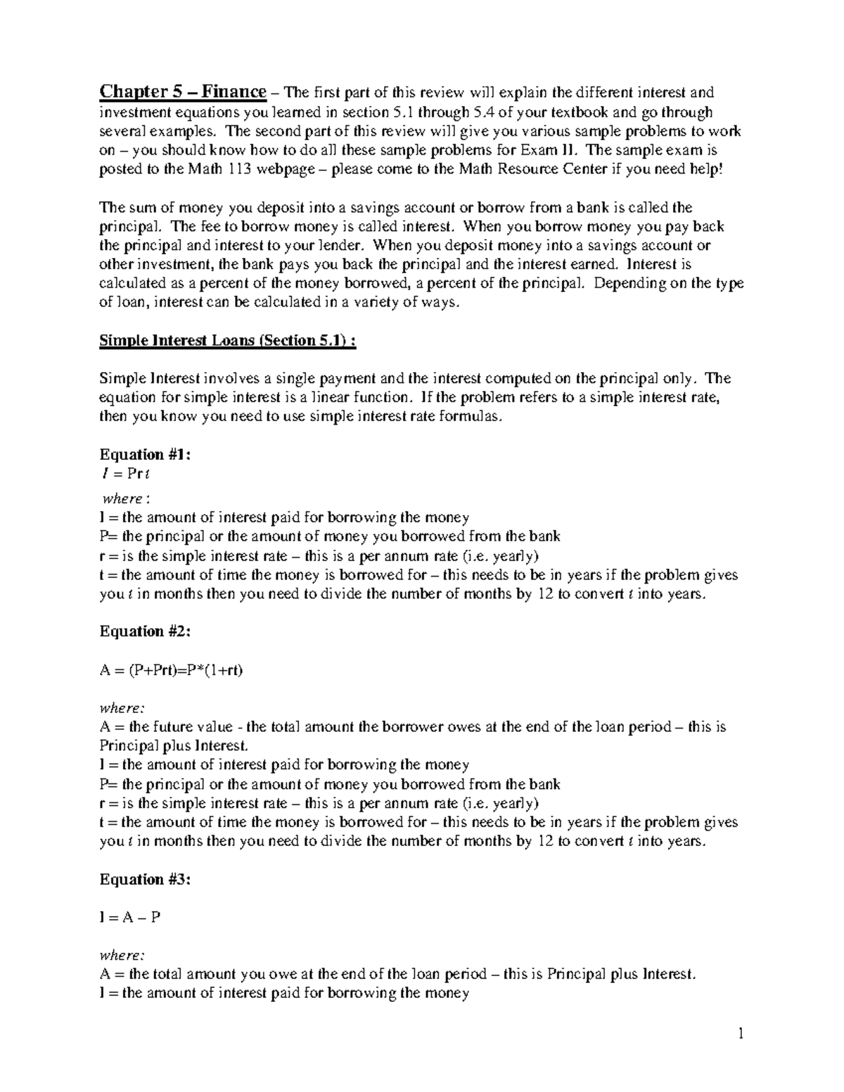 Math 113 exam 2 review - Chapter 5 – Finance – The first part of this ...