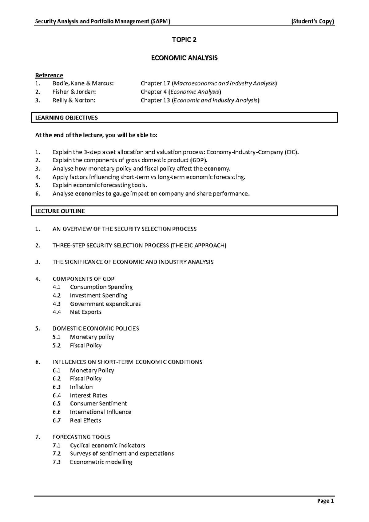 Security Analysis and Portfolio Management (SAPM) Topic 2: Economic ...