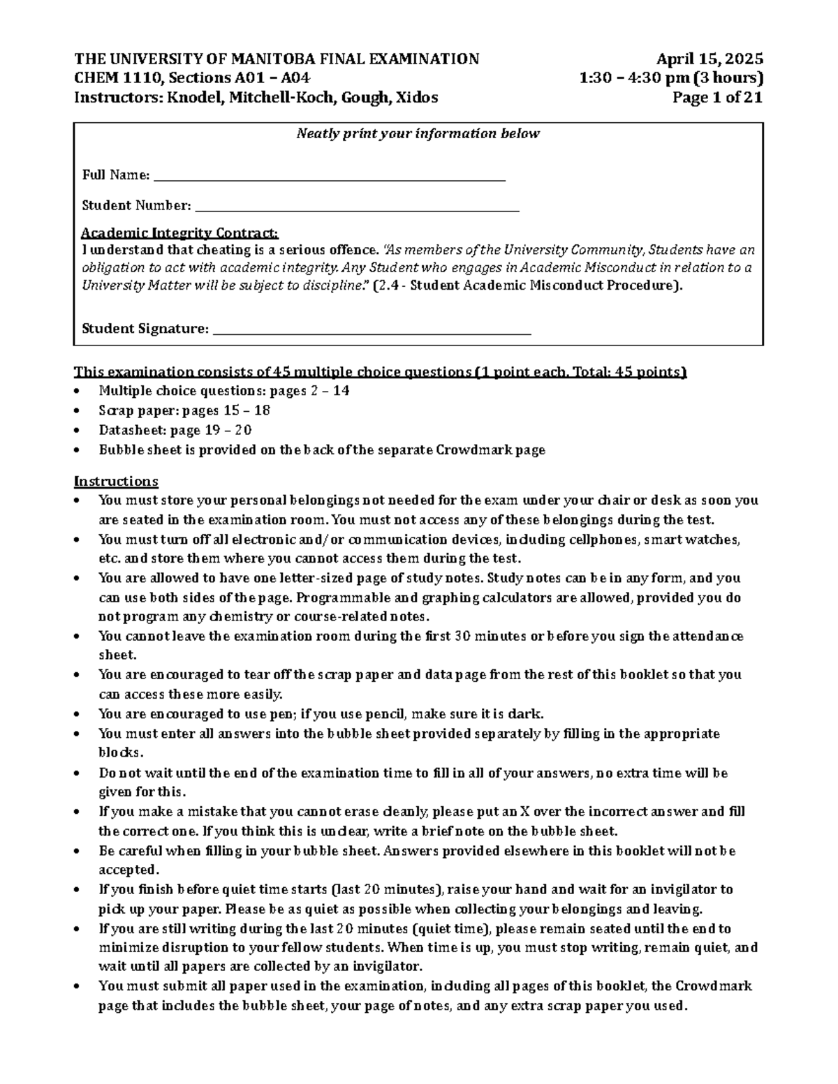 CHEM 1110 W25 Final Exam Review - April 15, 2025 - Studocu
