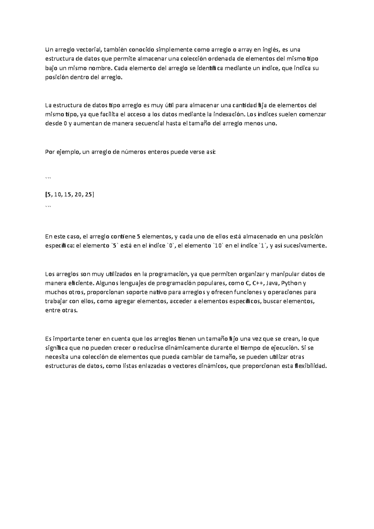 Arreglos y Vectores en Programación: Estructuras de Datos - Studocu
