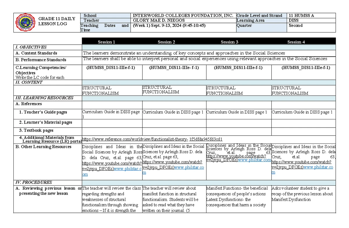 DISS DLL Lesson Log: Social Sciences Discovery (Week 4) - Studocu