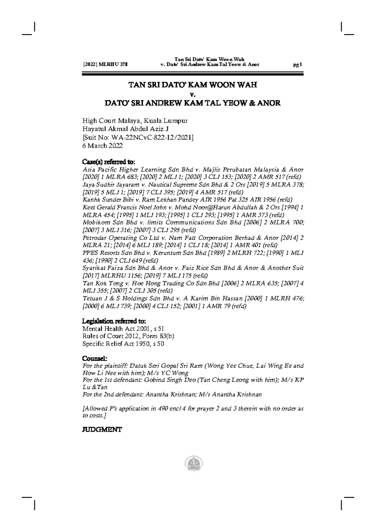 MLRHU 378 Quia Timet Injunction in Tan Sri Kam Woon Wah Case - Studocu