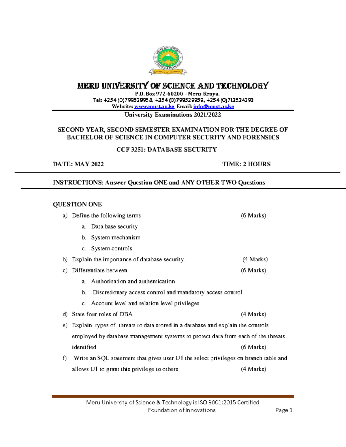 CCF 3251: Database Security Final Exam Notes - May 2022 - Studocu