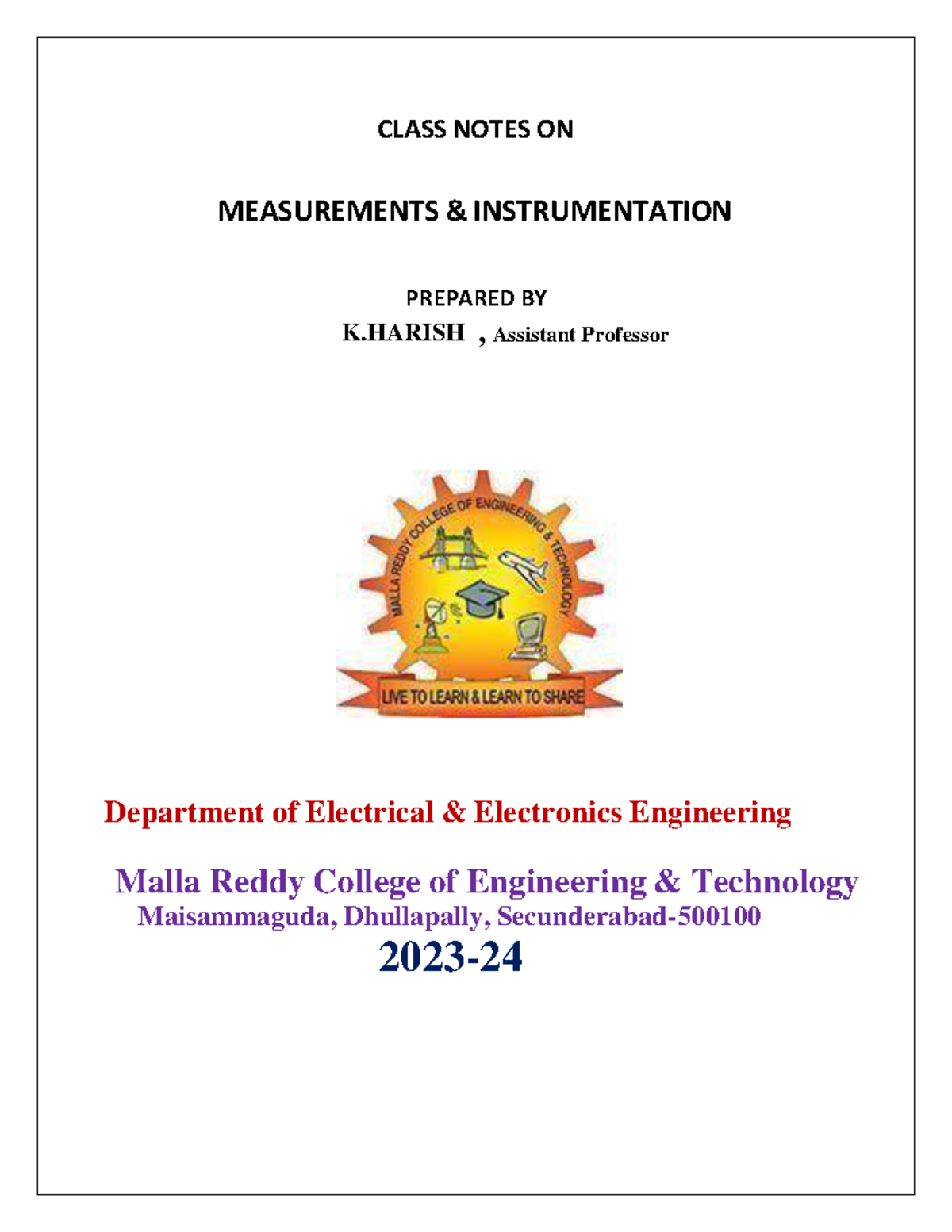 Measurements & Instrumentation Class Notes (EE 101) - Studocu