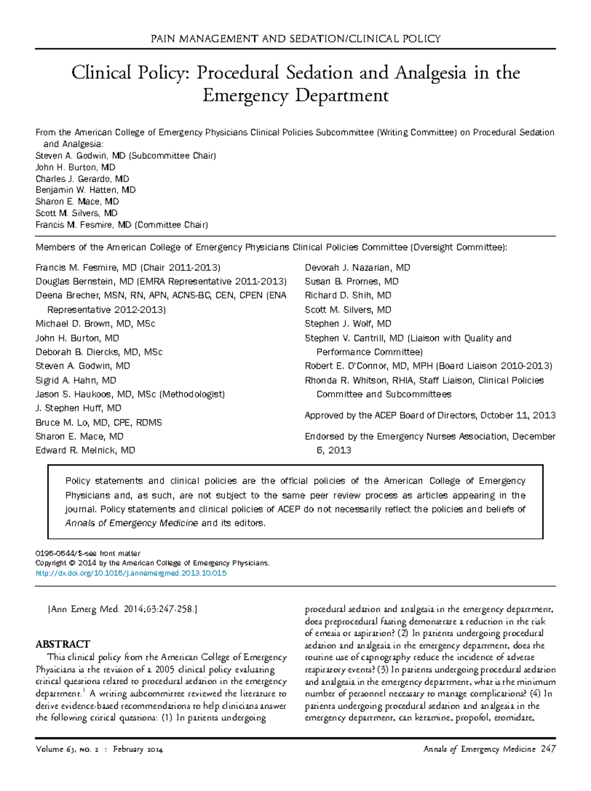 PAIN MANAGEMENT AND POLICY: Clinical Policy on Procedural Sedation ...