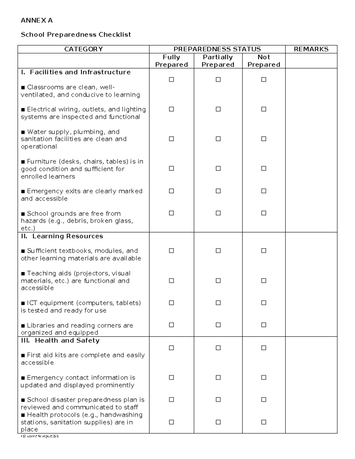 Annex A: School Preparedness Checklist BE2026 - Studocu
