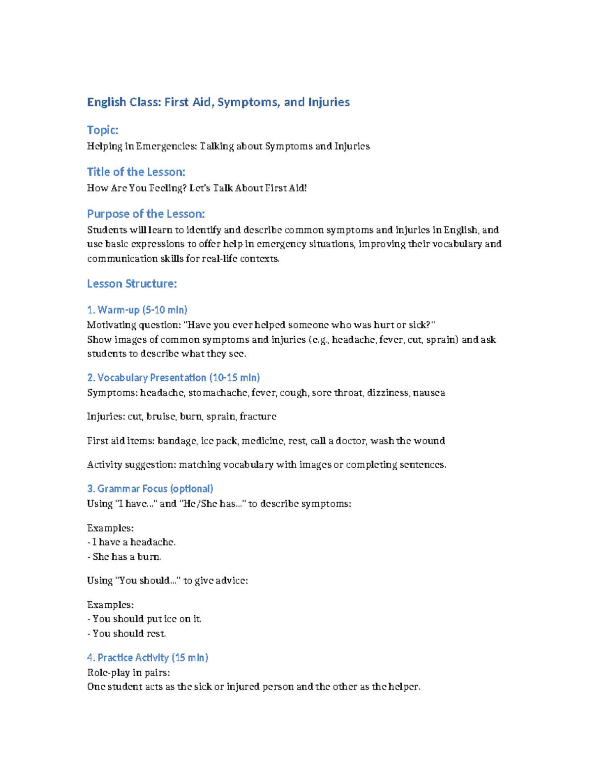 English Class: First Aid Lesson Plan on Symptoms & Injuries - Studocu