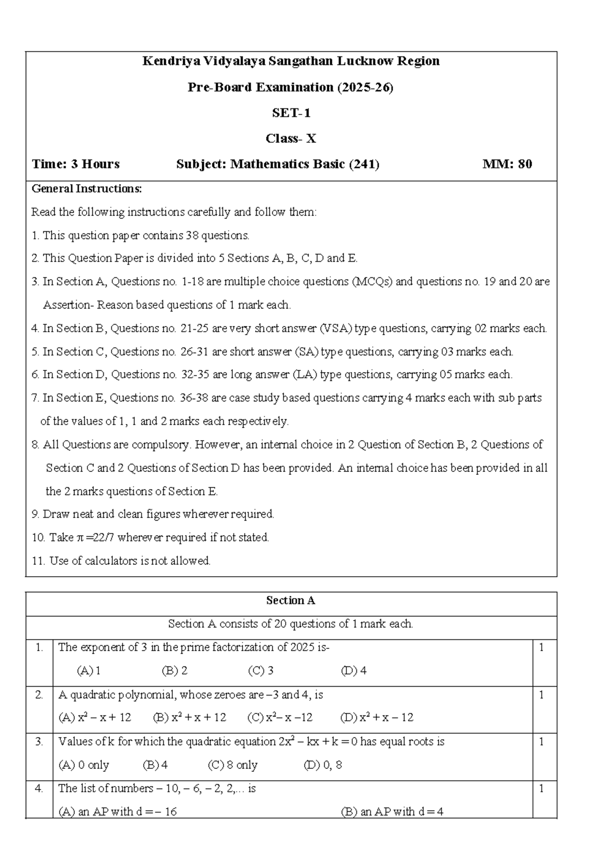 X-Maths Basic (241) Exam Paper - Practice Questions and Instructions ...