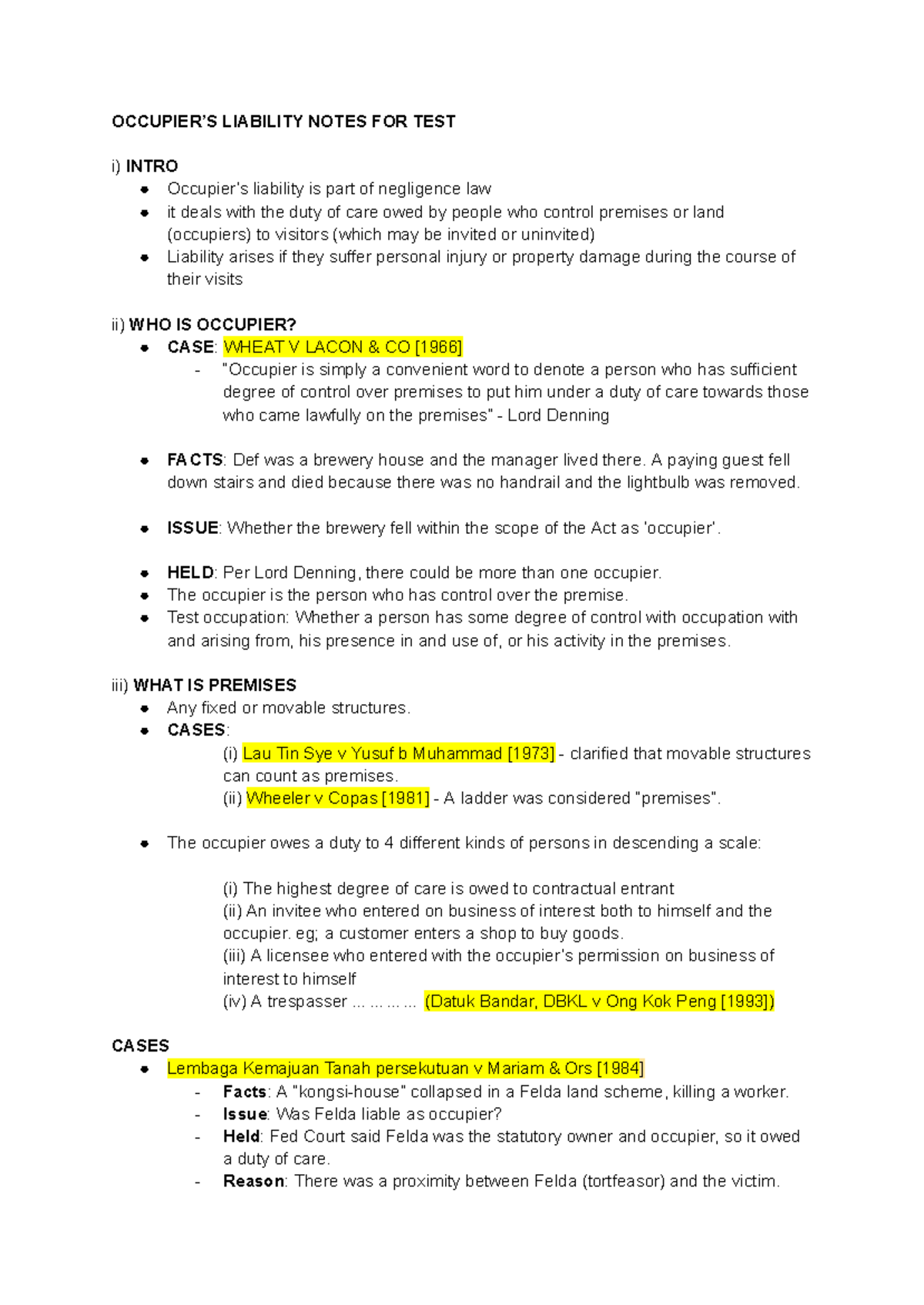 Occupier's Liability (LAW 101) Last Minute Study Notes - Studocu
