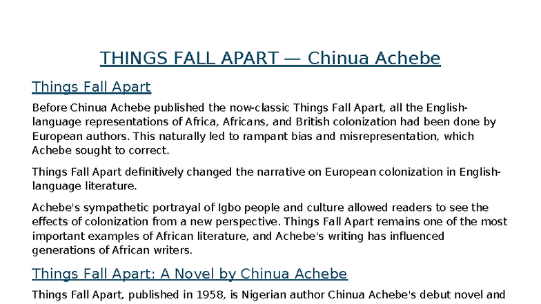 THINGS FALL APART (ENG 101): A Comprehensive Study Guide - Studocu