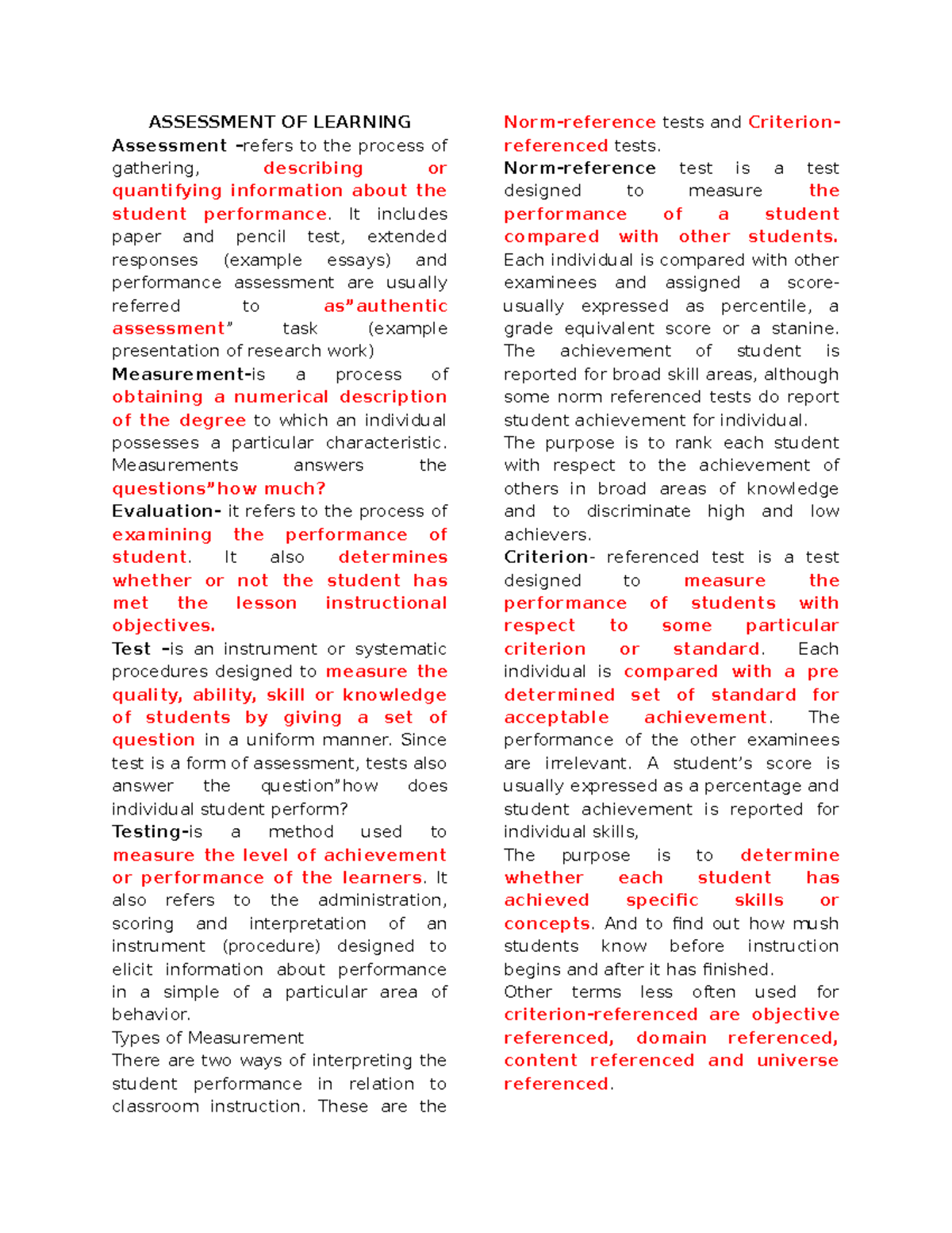 Assessment of Learning: Key Concepts and Measures in Education - Studocu