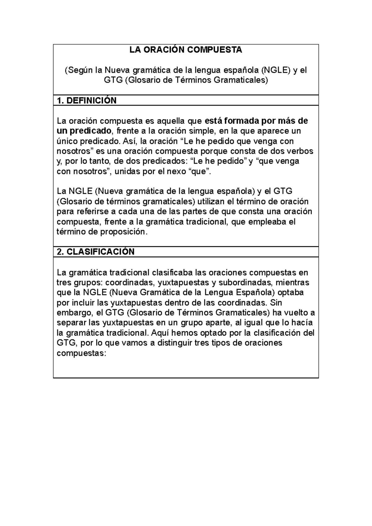 LA ORACIÓN COMPUESTA: Definición y Clasificación según NGLE y GTG - Studocu