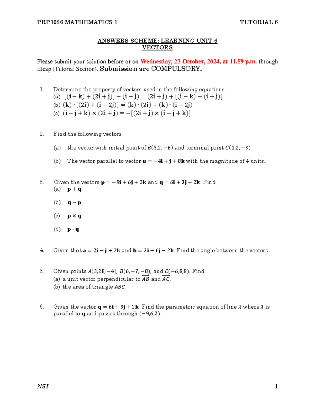 PRP1036 Mathematics 1 Tutorial 6 - Vectors and Solutions - Studocu