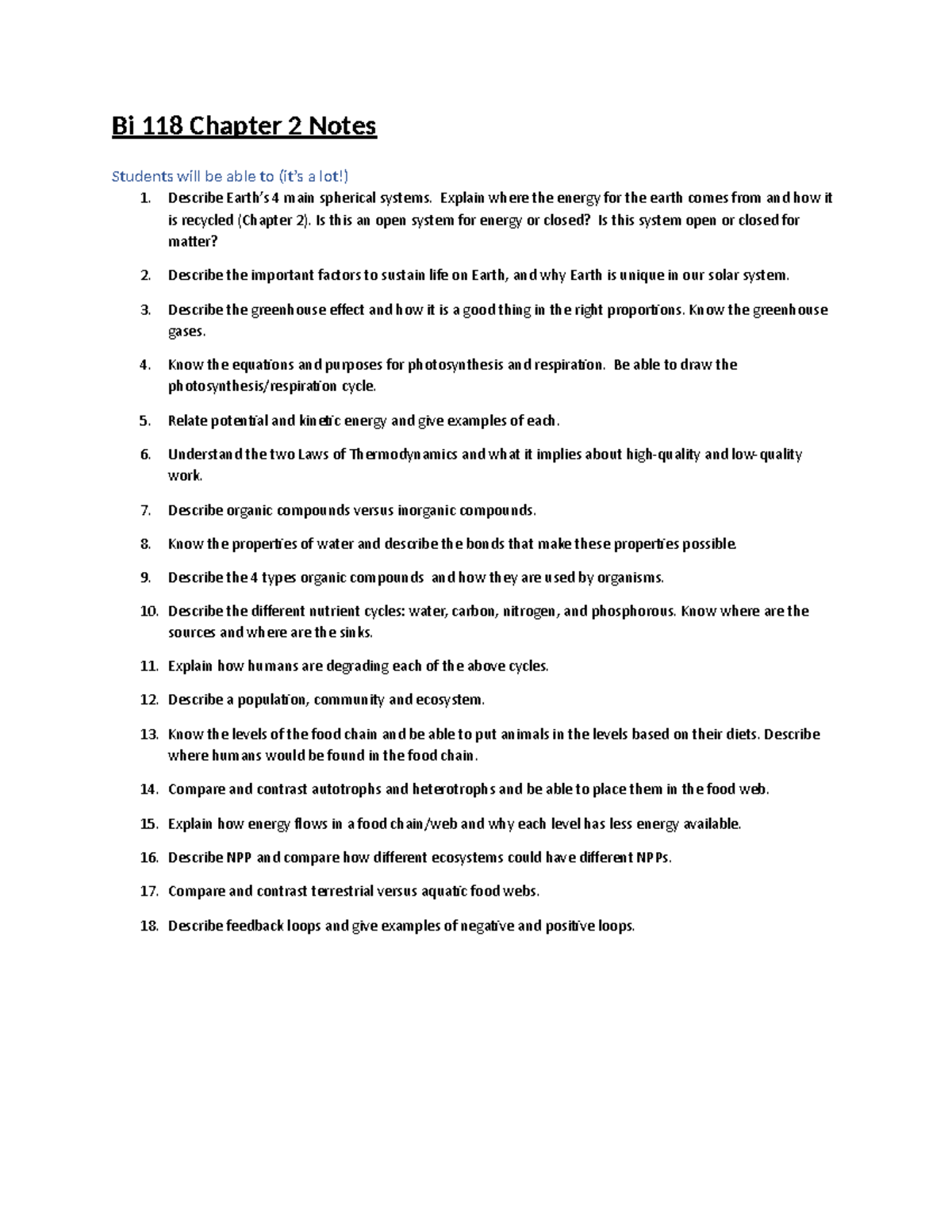 Bi 118 Chapter 2 Notes - Bi 118 Chapter 2 Notes Students will be able ...