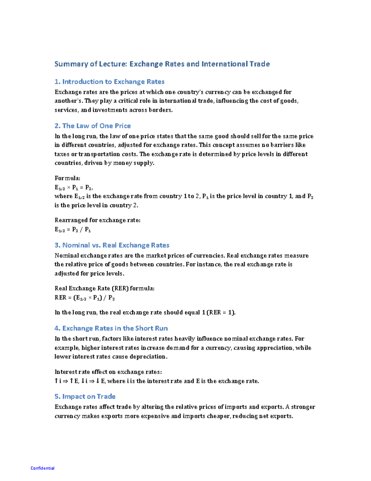 Lecture 9 Notes - Confidential Summary of Lecture: Exchange Rates and ...