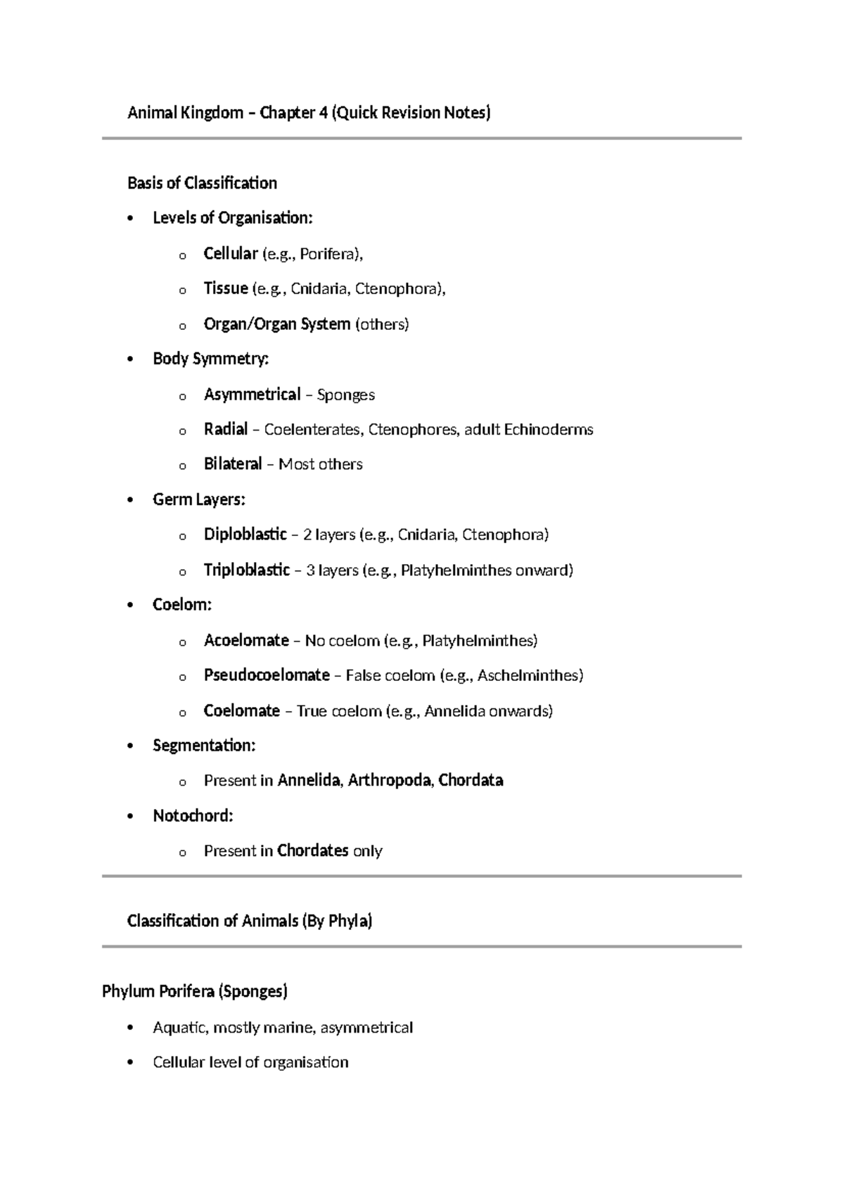 Animal Kingdom Chapter 4: Quick Revision Notes on Classification - Studocu