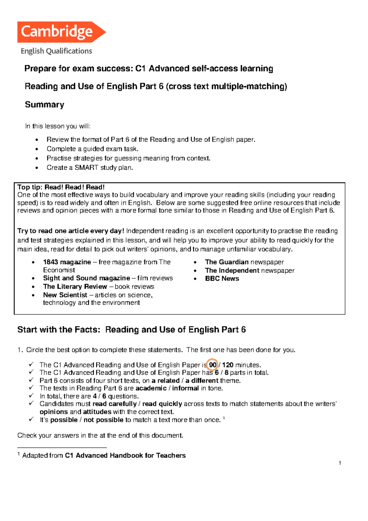 C1 Advanced Reading & Use of English: Part 6 Exam Prep Guide - Studocu